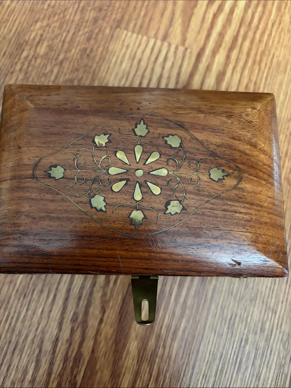 Vintage Brown Wood Trinket Box with Brass Inlay